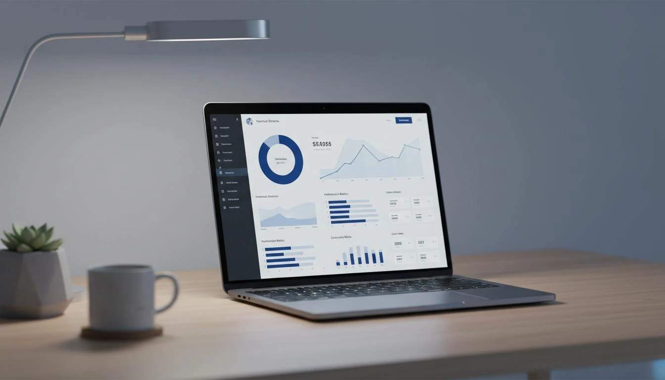 Notebook exibindo o dashboard de um sistema web desenvolvido pela Valentec